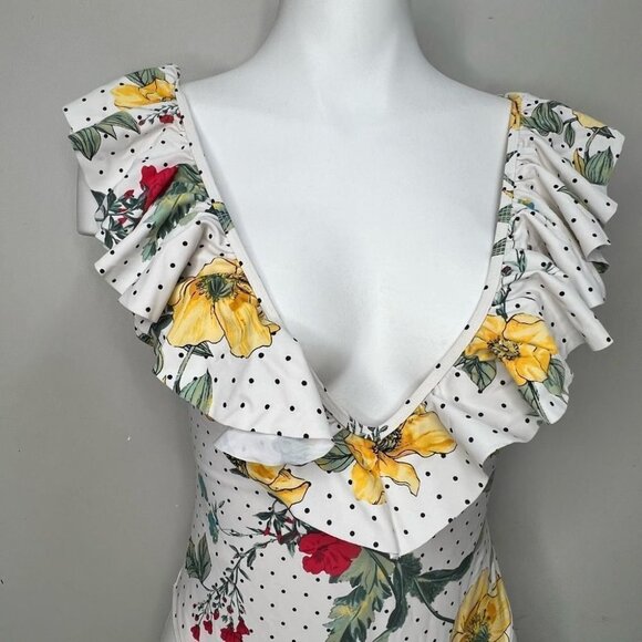 Unbranded Polka Dot Plunging Neckline Ruffle Floral Swimsuit - Picture 3 of 4
